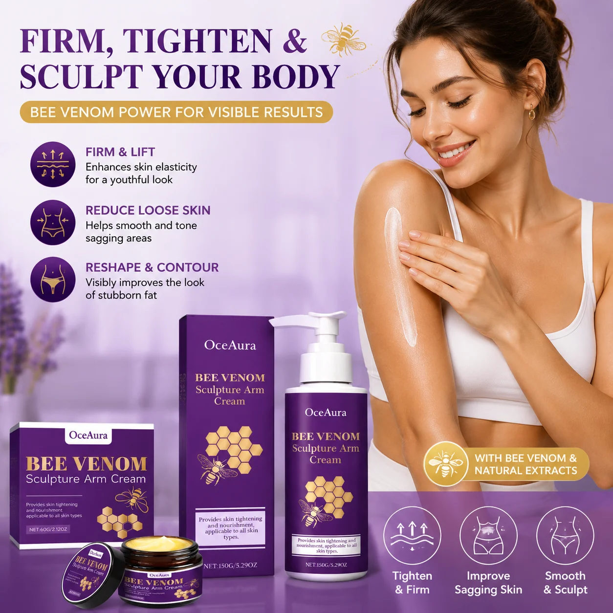 OceAura Bee Venom Cream Anti Sagging Arm Abdomen Hip Thighs Firm Skin Tightening Deep Nourishment Shaping Sculpting Body Cream