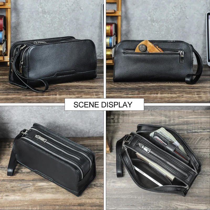 Full-grain Distressed Leather Multi-zipper Bag with Wrist Strap Portable Genuine Leather Zipper Pouch with Corn-tooth Pattern