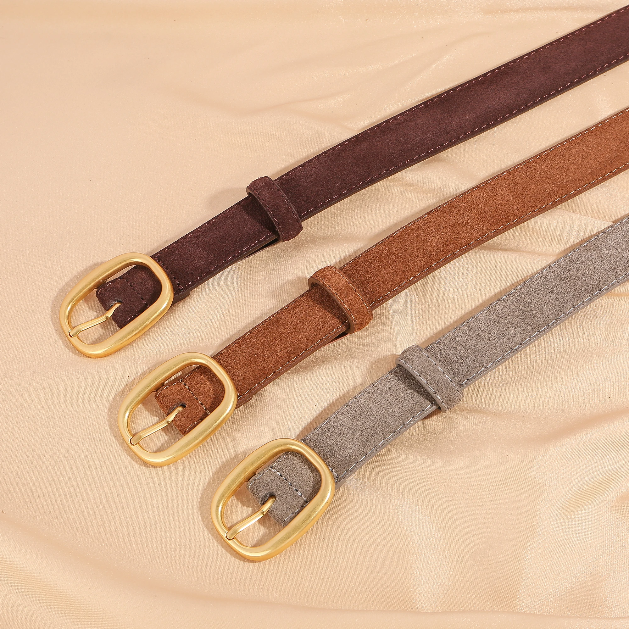Vintage Suede Leather Belt for Women - Fashion Gold Circle Buckle Waist Belts for Jeans