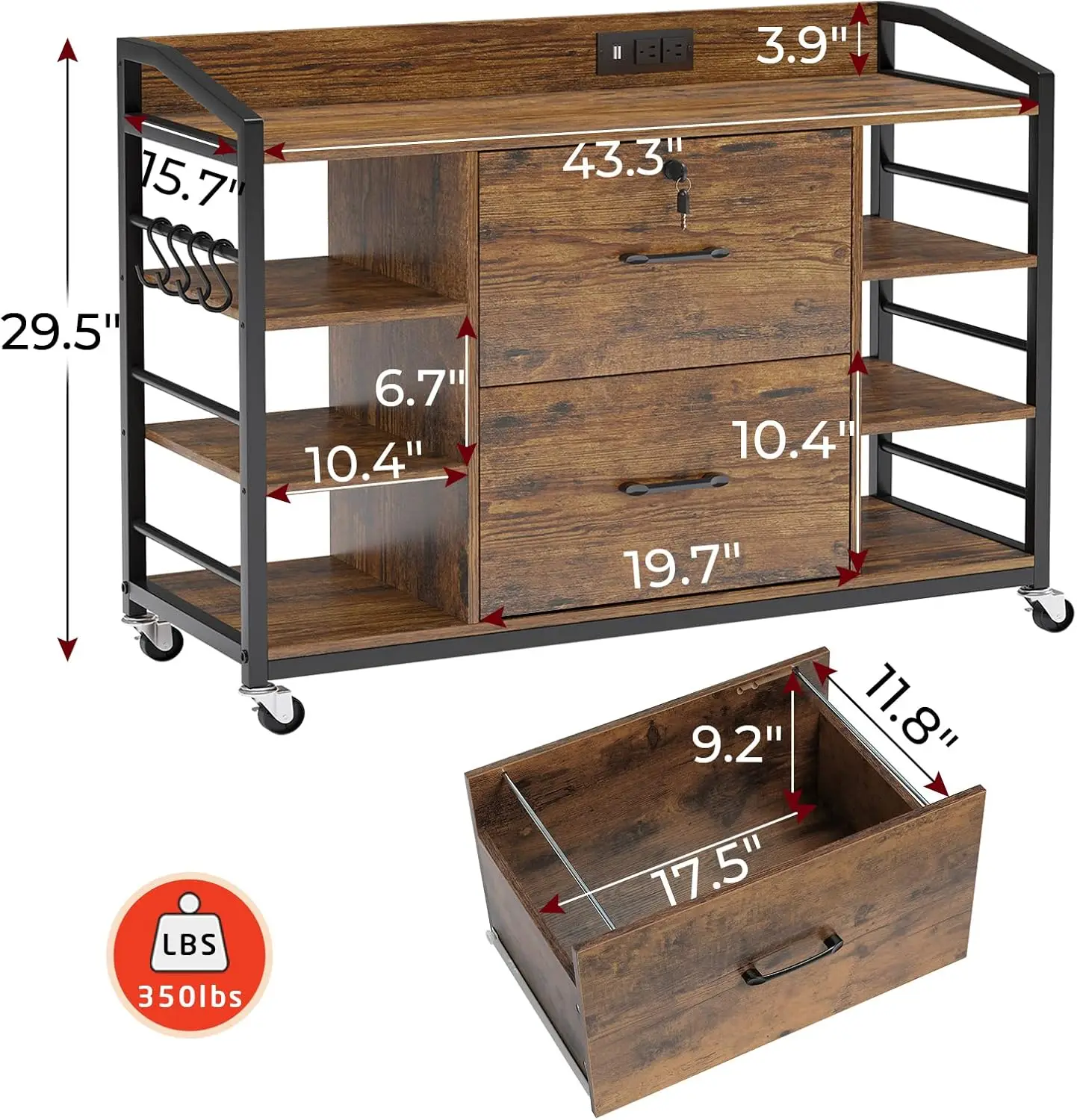 Armoire à fichiers MELFile pour le bureau à domicile avec serrure, multiprise, 6 étagères de rangement, convient à la taille juridique ou aux lettres, 44 po, 2