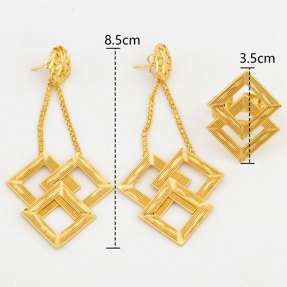 Dangle Earrings and Ring Jewelry Set for Ladies Exquisite Gold Plated Copper Earrings and Finger Ring Dubai Jewelry Accessories