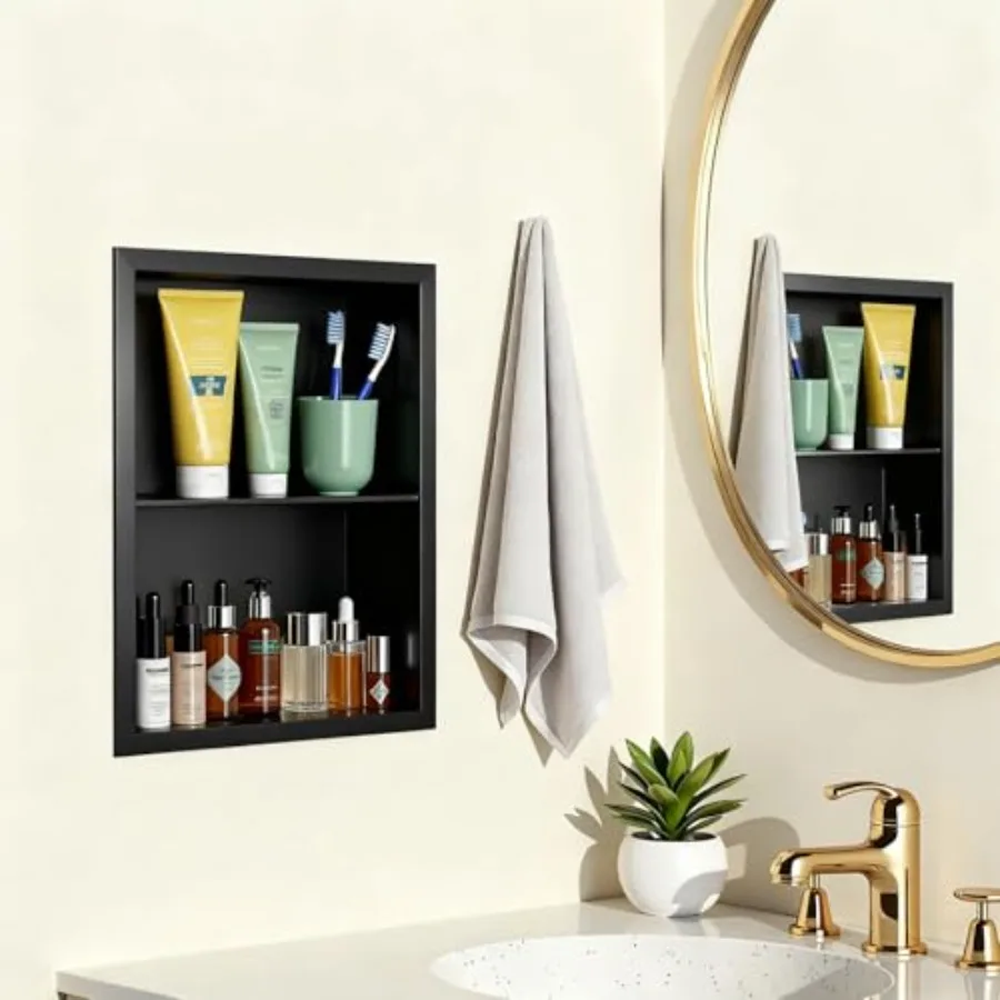 Bathroom recessed medicine cabinet for wall niche or shower, stainless steel, matte finish, space-saving design with adjustable