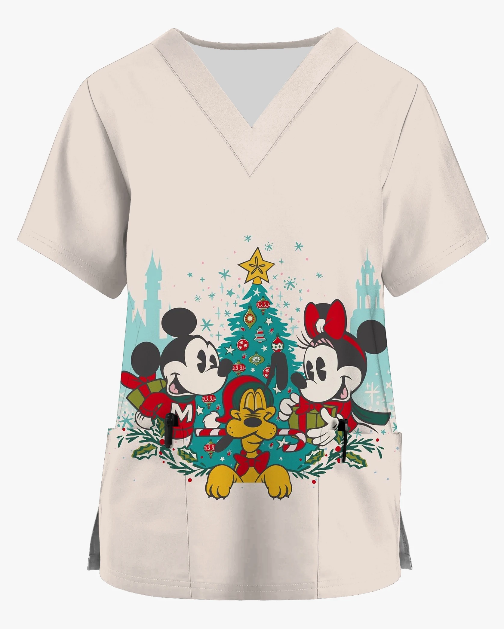 New Christmas Disney Series Mickey and Minnie Printed Pocket Shirt Women's Short Sleeve V-Neck Top Nursing Care Clothes