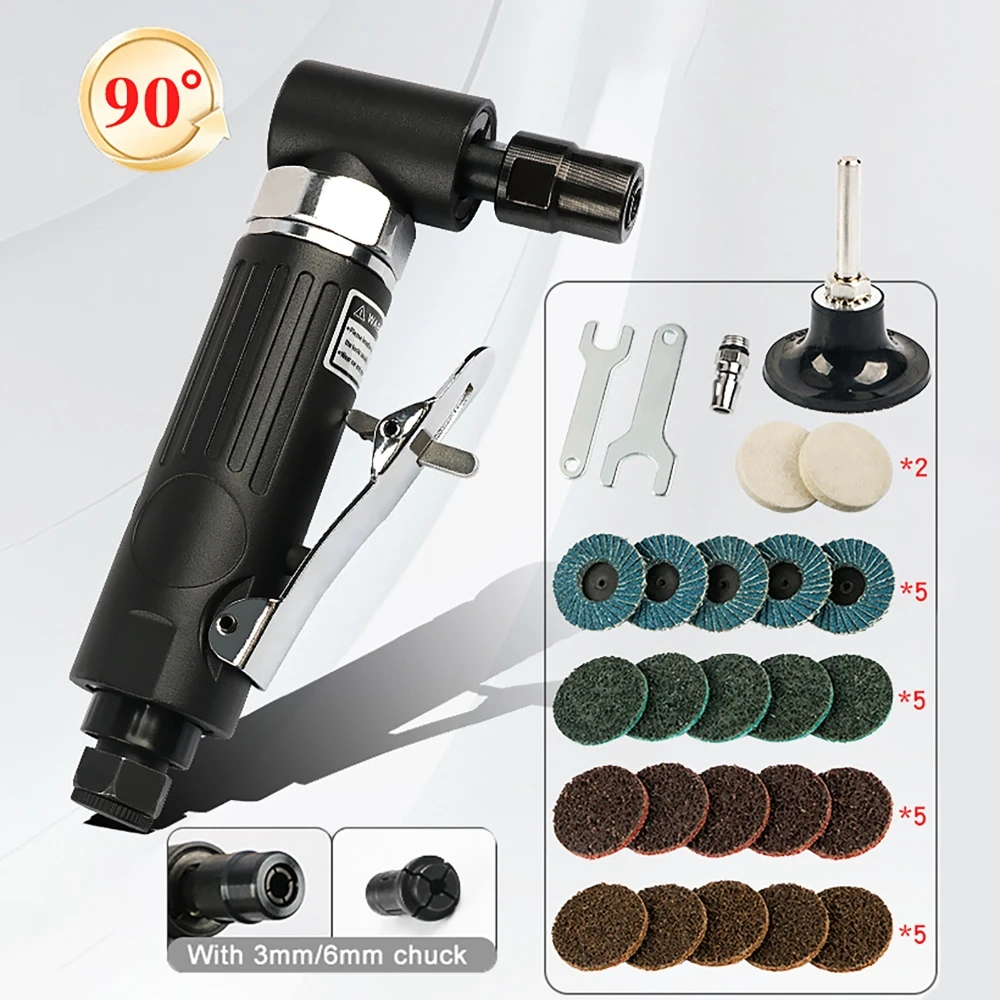 

90 Degree Pneumatic 1/4 inch Air Angle Die Grinder Tire Repair Grinding Polishing Machine with 22Pcs Abrasive Discs