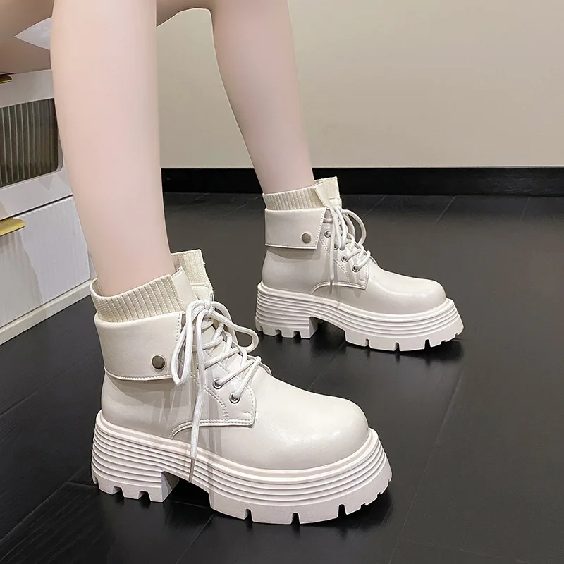 

Platform Women's Boots 2025 Spring New Thick-Heeled Lace-up Cigarette Tube Elastic Boots British Style Fashion Short Boots Women