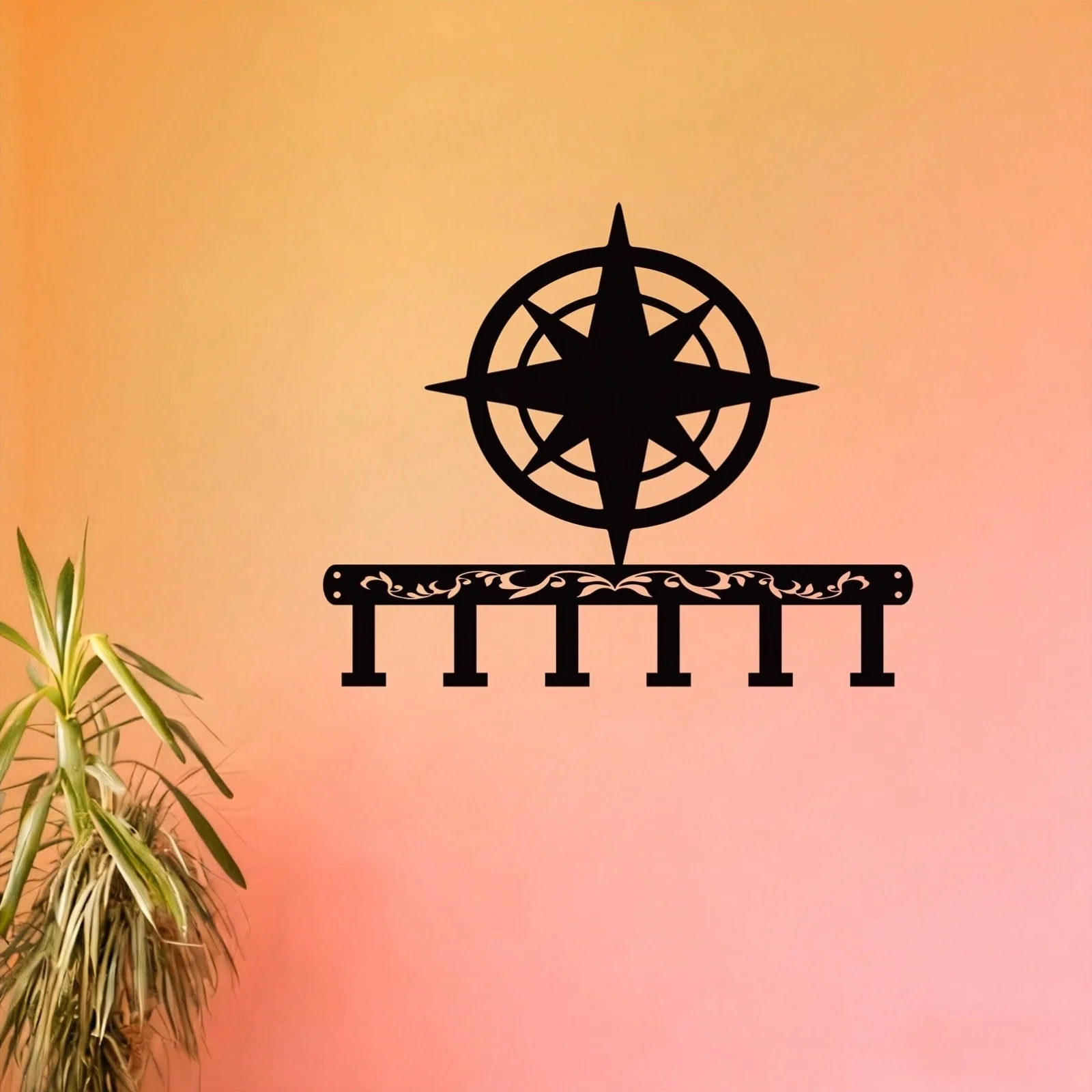 Brand 2D Flat Decorative Compass Iron Wall Hook,Laser‑Cut Nautical Retro Silhouette Organizer for Bedroom Music Room