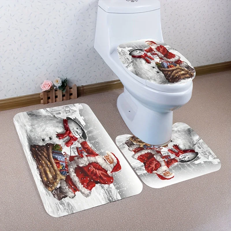 3 Pieces Santa Claus Snowman Christmas Series Bathroom Front Toilet Set Non slip Floor Mat