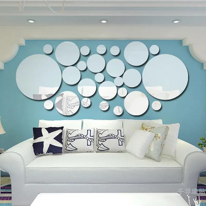 【26Pcs 3D Round Mirror Acrylic Mirror Wall Sticker DIY Bedroom Bathroom And TV Background Room Sticker Wall Decoration】
