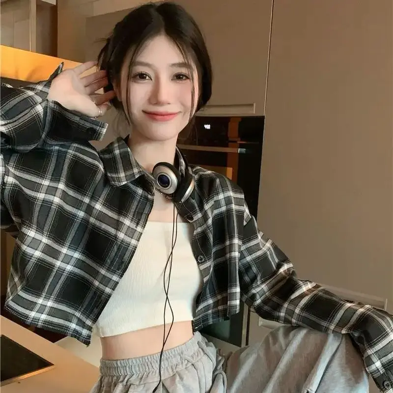 

Vintage Long Sleeve Plaid Shirts For Women Korean High Waist Loose Cropped Blouse Ladies Fashion Sun Protection Crop Tops