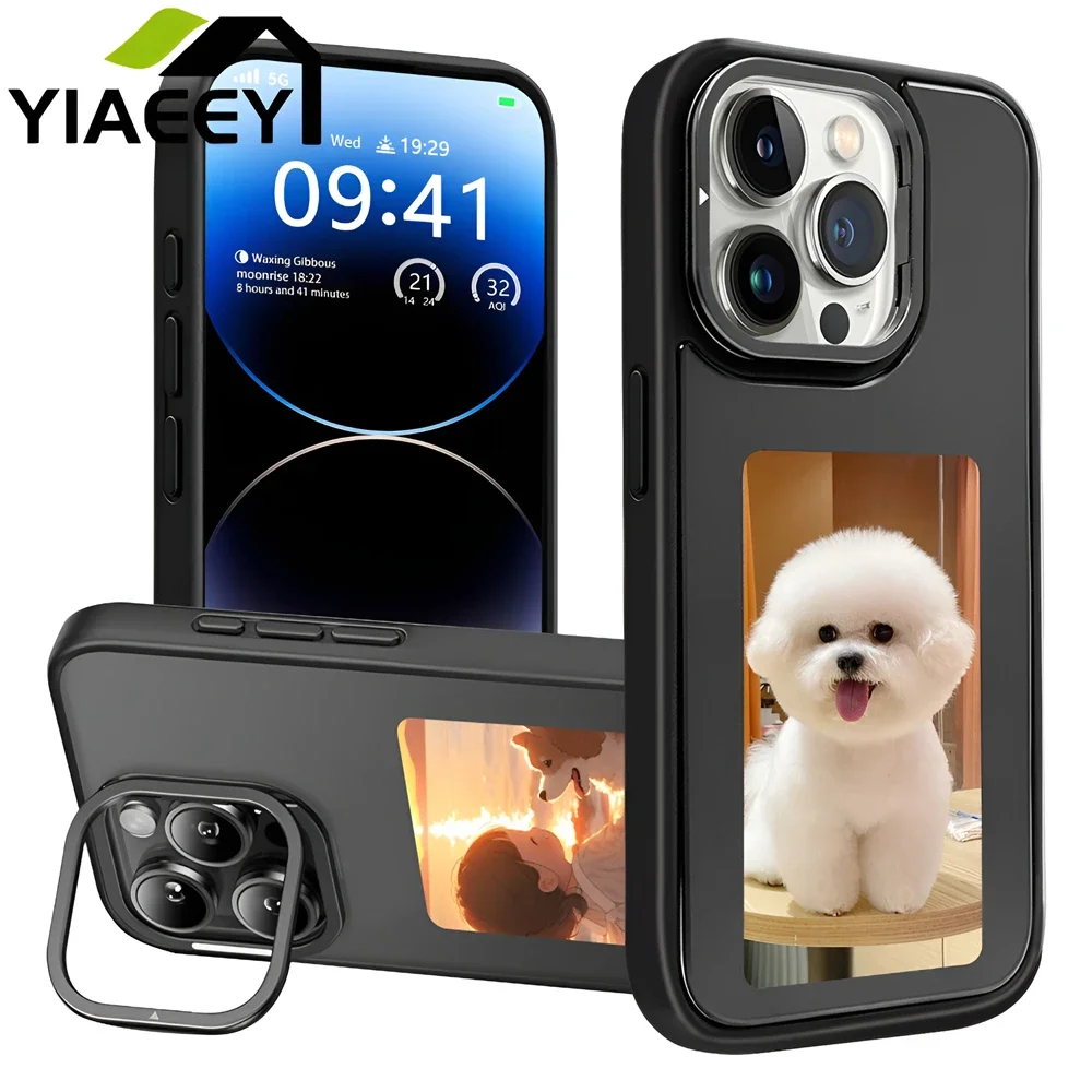 NFC Pattern Photo Phone Holder Case for IPhone 13 14 15 Pro Max DIY E-ink Screen Smart Technology Couple Silicone Phone Cover