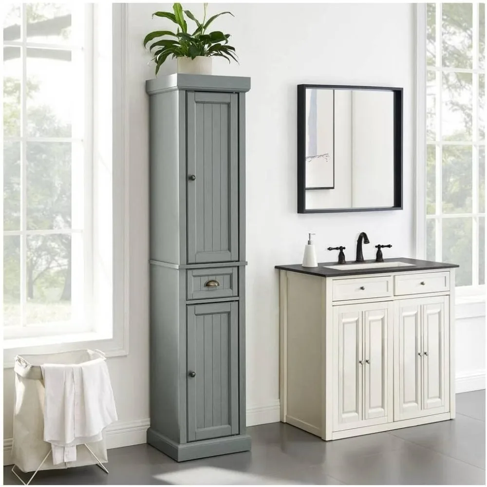 Seaside Tall Linen Storage Cabinet and Bathroom Organizer with a Drawer and Shelves, Distressed Gray