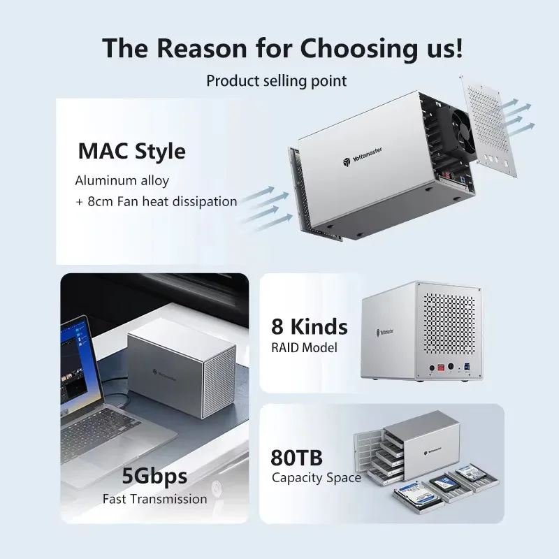 حاوية محرك الأقراص الصلبة الخارجية Yottamaster 5 Bay RAID من الألومنيوم لـ 2.5 بوصة 3.5 بوصة SATA HDD/SSD للتخزين المباشر المرفق لنسخ البيانات