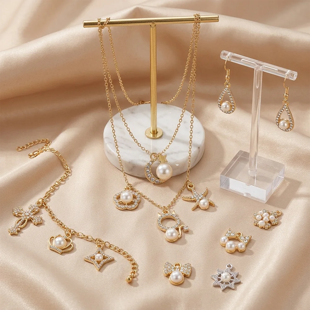10Pcs Pearl Rhinestone Charms Mixed Gold Silver Alloy Pendant Accessories for DIY Bracelet Necklace Jewelry Making Craft Finding