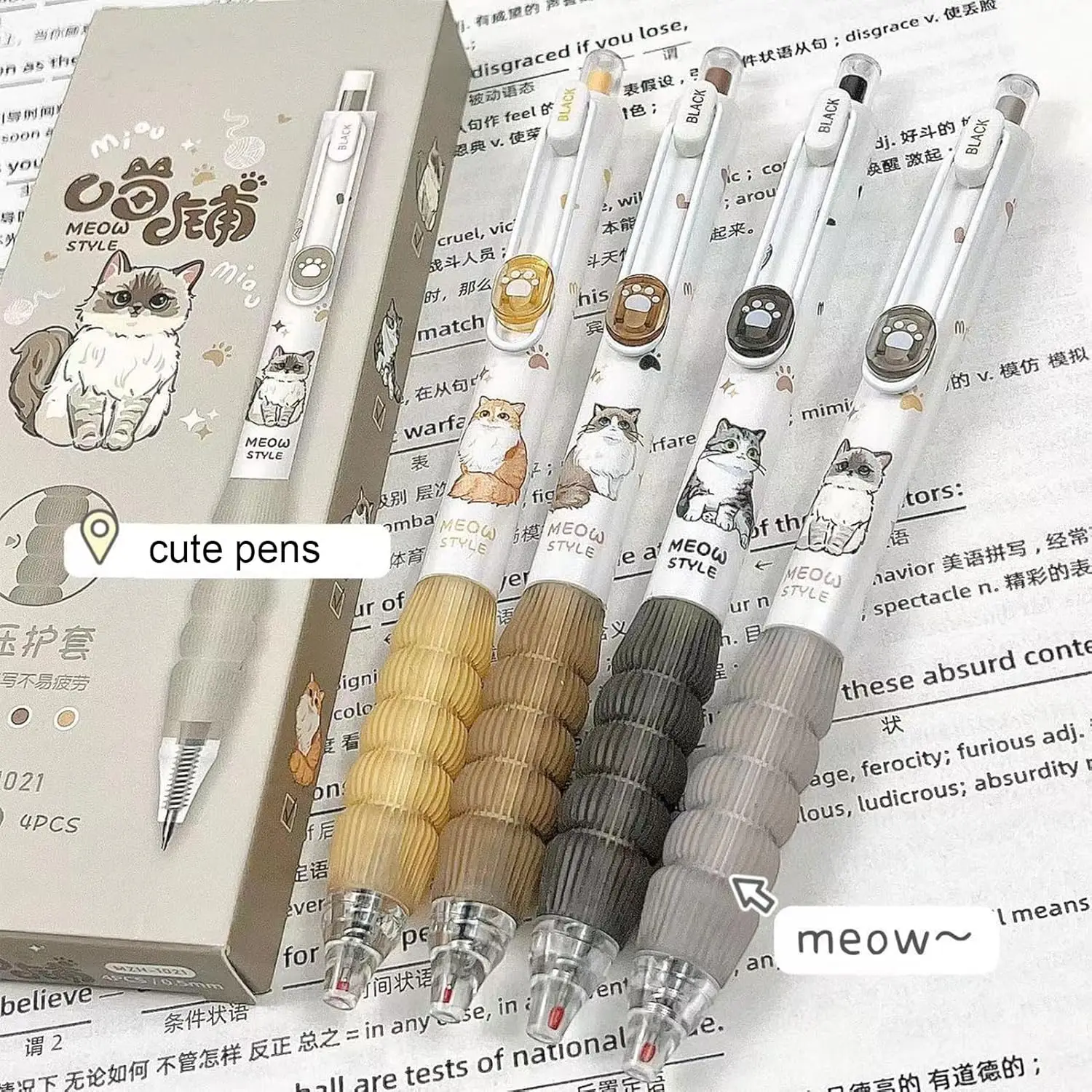 4Pcs Cute Retractable Cat Gel Pens Cartoon 0.5mm Black Ink Writing Pen Aesthetics Kawaii Pen For Girls Women Boy Office School