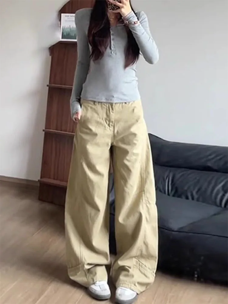 American Style Khaki Wide Leg Denim Jeans Women's Spring Large Size Fat MM Short Straight Floor-Length Pants