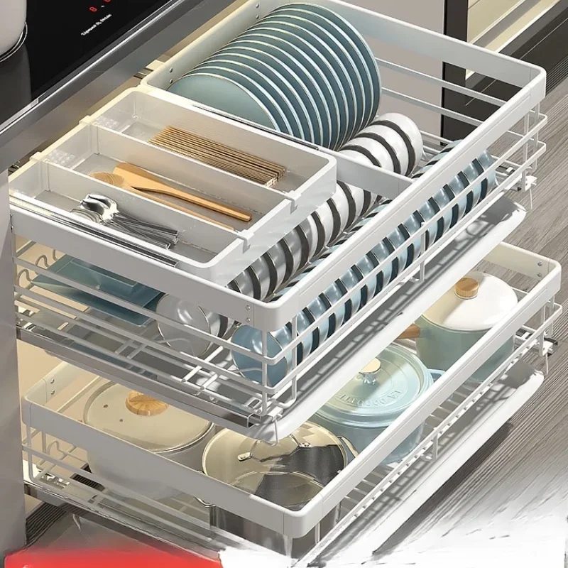 

White Stainless Steel Pull Basket Double Layer Dish Basket Kitchen Cabinet Dish Rack Drawer Type