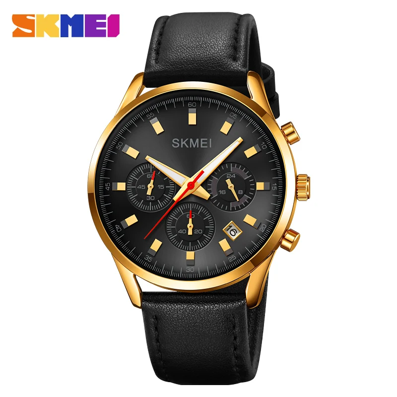 SKMEI Fashon Men's Quartz Watch 30m Waterproof Wrist Watches For Men Leather Strap Men's Watches Gold Silver Black Man Clock