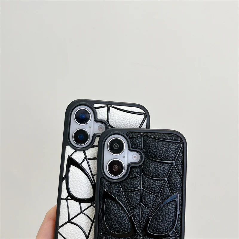 Luxo gravação s-spider-man 3d couro silicone caso de telefone proteção para iphone 16 pro 15 13 14 pro max adorável dos desenhos animados capa