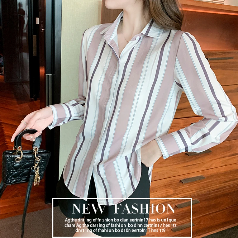 Vintage Women Shirt Stripe Basic Womens Tops Long Sleeve Blouse Korean Fashion Women Clothing Korean Popular Clothes OL Shirts