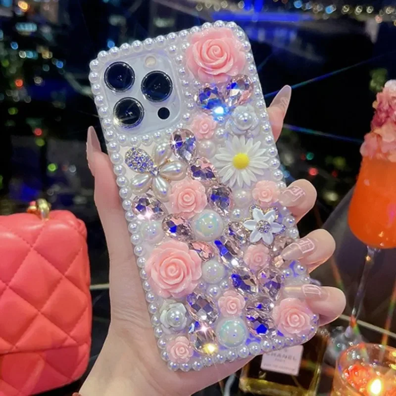 Luxury Purple Pink Rose Daisy Pearl Cases For Samsung Galaxy A53 A73 A33 A51 A71 A72  A50 A30S A70 A31 A52 A13 A12 A22 A23 Cover