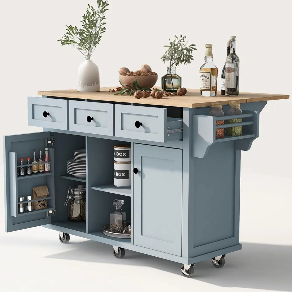 Kitchen Island with Drop Leaf, Rolling Kitchen Island Cart with Internal Storage Racks, Wood Kitchen Island on Wheels with Drawe