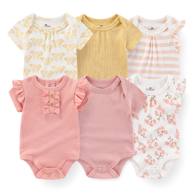 6Pieces Cotton Newborn Baby Girl Clothes 0-12Months Print Bodysuits Set Sleeveless Baby Boy Clothes Summer Solid Color Bebes