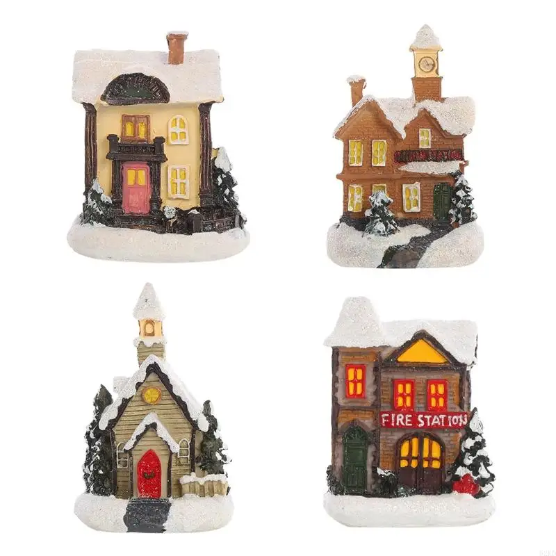 62KD Christmas LED Lighted Miniature Snow House Resin Ornament Village Scene Battery Operated Luminous Figurine Xmas Decor