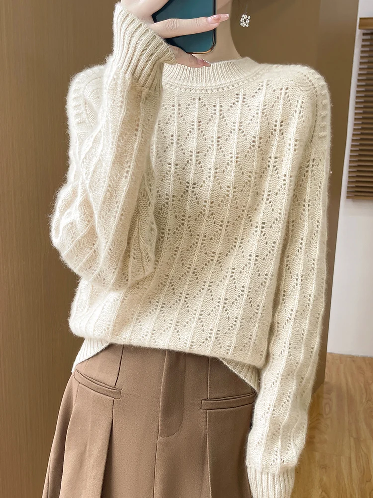 New Womens Basic O-neck HollowPullover Sweater 100% Merino Wool Batwing Sleeve Cashmere Knitwear Autumn Winter Clothing Tops