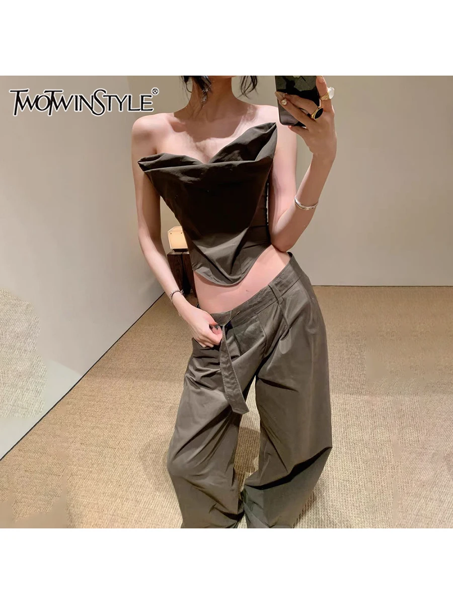 TWOTWINSTYLE 솔리드 투피스 세트 여성용 Strapless 민소매 탑 하이 웨이스트 루즈 캐주얼 와이드 레그 팬츠 Femle Fashion Style