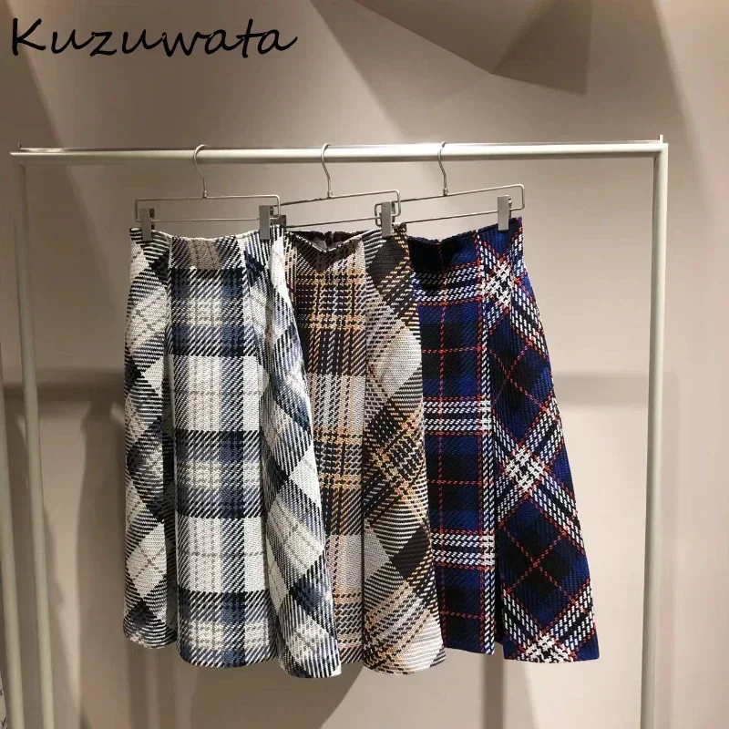 Kuzuwata Japanese Sweet Fresh High Waist Faldas A-line Elegant Stripe Fashion Skirt Early Autumn Mid-length Casual Mujer Faldas