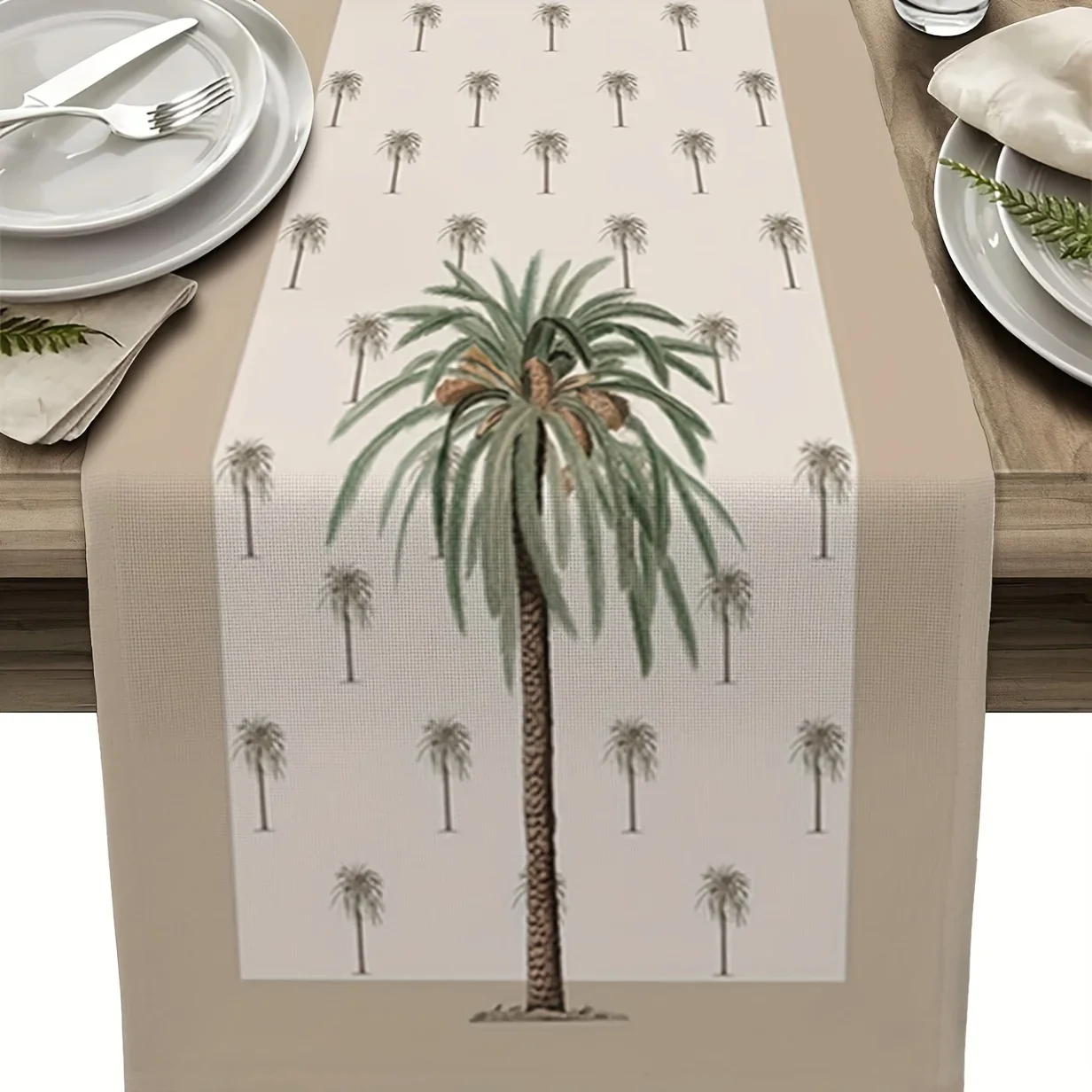 1pc Coconut Table Runner Dresser Scarf, Khaki Palm Tree Tablecloth, Farmhouse Kitchen Decoration, Festive Dinner Decoration