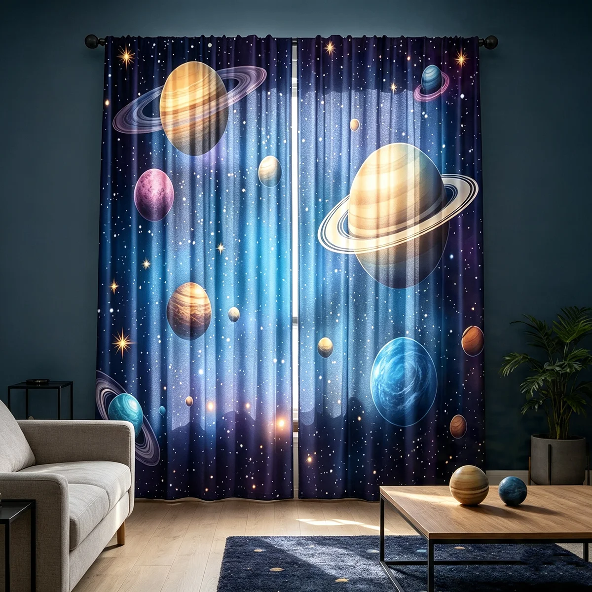 2PCS Digital Print Curtains Galaxy Saturn Planet Starry Sky Print Space Themed Window Curtains