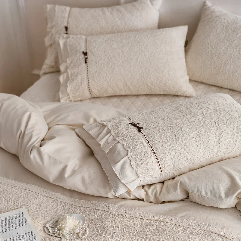 French Style Linen Cotton Lace Trim Bedding Set 4-Piece, Skin-Friendly Soft Rustic Comfortable All-Season Duvet Cover Sheet Set
