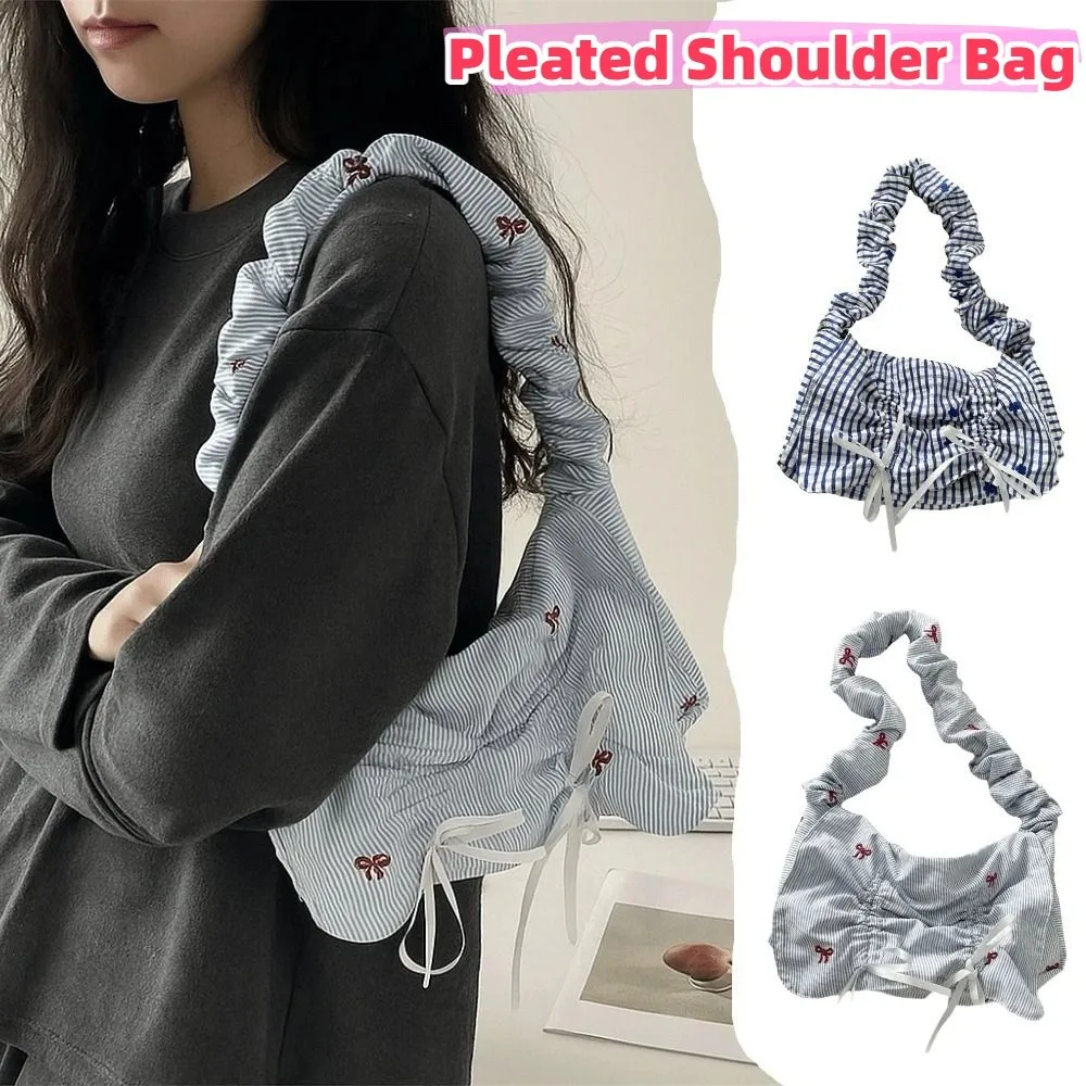 

Милая плиссированная сумка через плечо с вышивкой, нейлоновая сумка-тоут в полоску с бантом, пасторальный стиль, свежая кружевная сумка для студентов