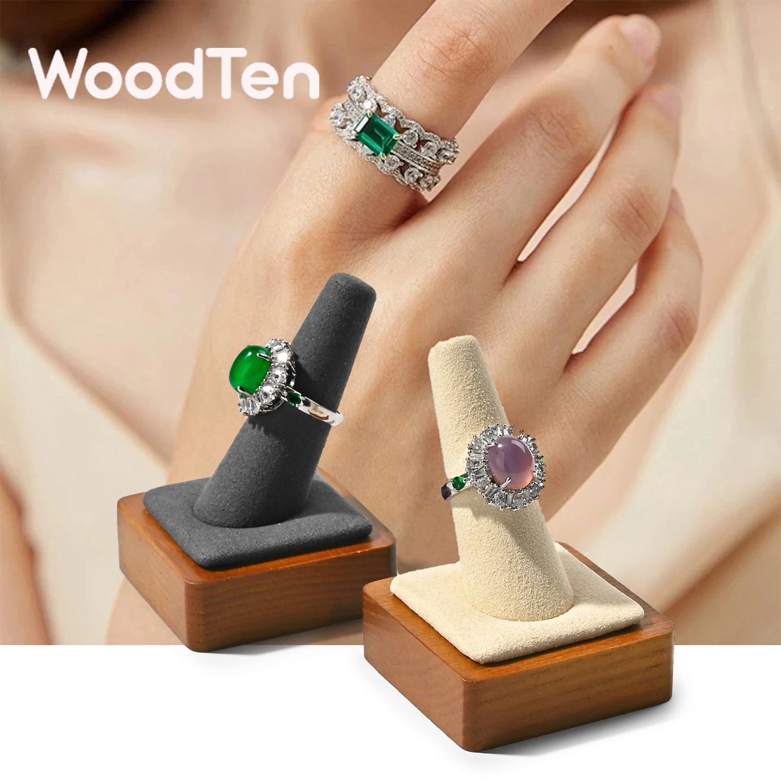 WoodTen Wooden Finger Ring Holder Jewelry Display Props Accessories Ring Display Stand for Men and Women Placement Storage Gift