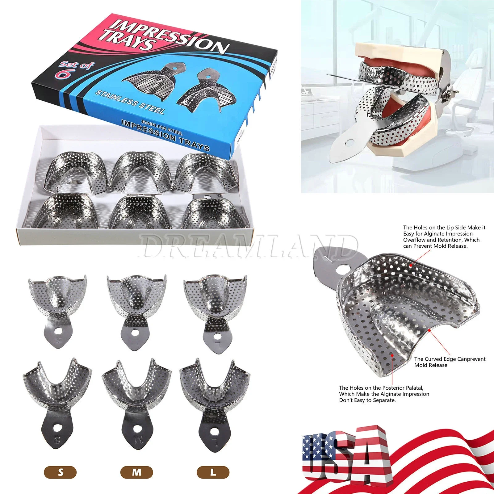 

6PCS Dental Autoclavable metal Impression Trays Stainless Steel Upper Lower