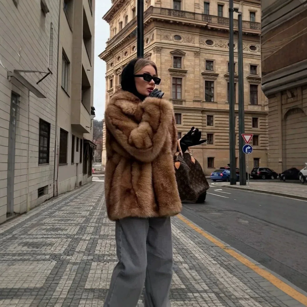 KIDCRKJ Elegant Women Striped Faux Fur Jacket Coat Chic Girls Winter Oversized Thick Warm Fox Fur Outerwear Chic Girls Overcoat