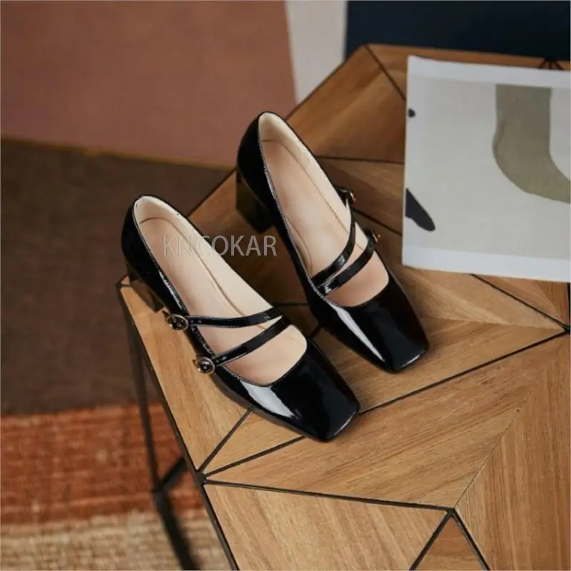 2022 new fashion red wedding shoes square toe buckle thick heel women\'s shoes high heels spring and autumn shoes 33-46