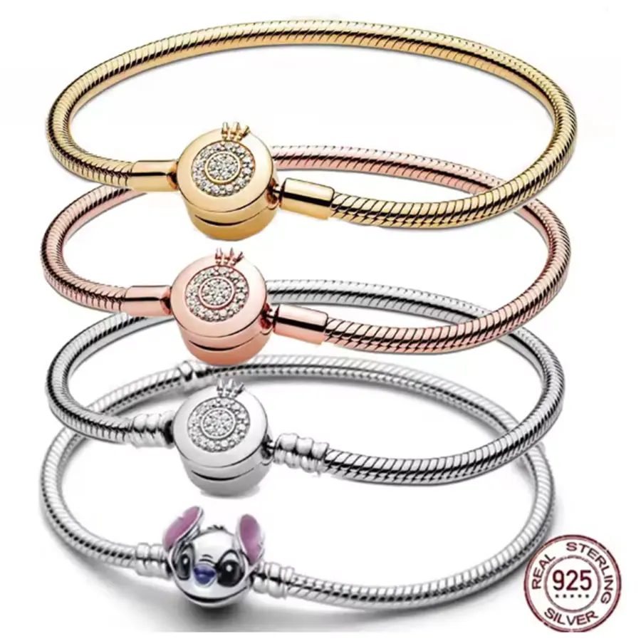 Pulseira de prata esterlina S925 com corrente de osso de cobra e coroa, sucesso de vendas 2026, compatível com pulseiras originais DIY, joia feminina da moda