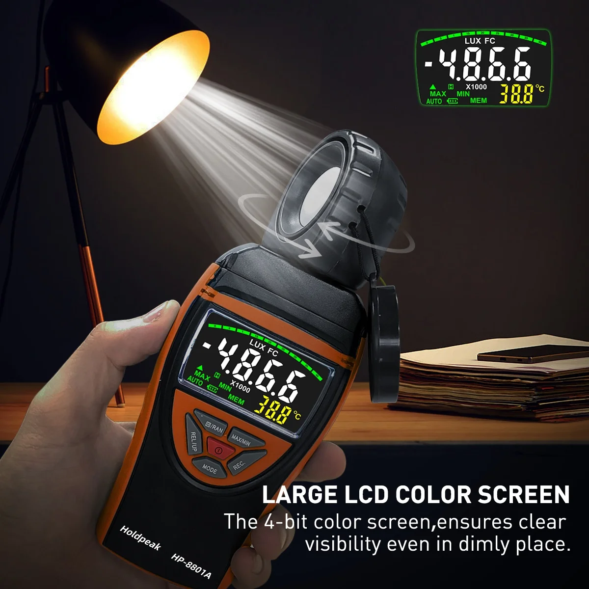 

Illuminometer, digital lux foot candlestick meter 0.1~400000 lux, with 270 º rotatable, indoor and outdoor flow lux meter