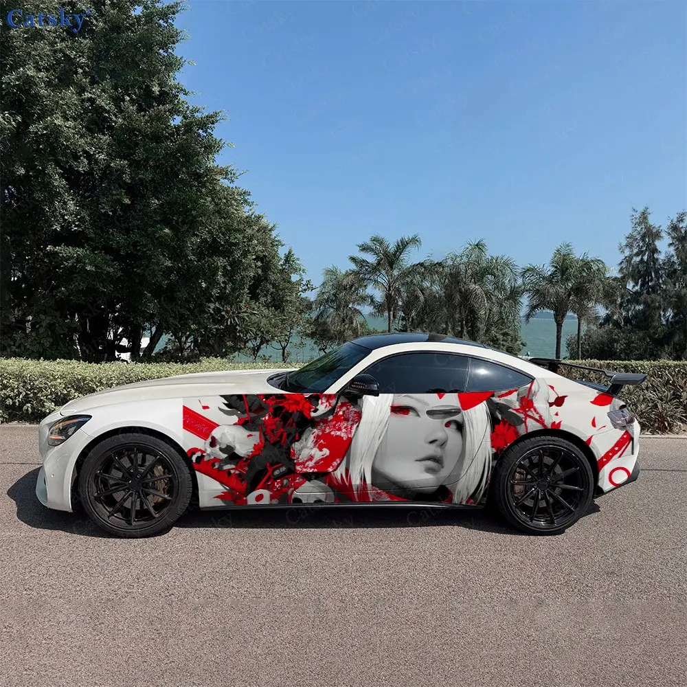 

2pcs Red Moon & Oni Skull Girl Car Side Wraps, Self-Adhesive PVC Waterproof & Scratch-Resistant Stickers, Car Accessory Gift