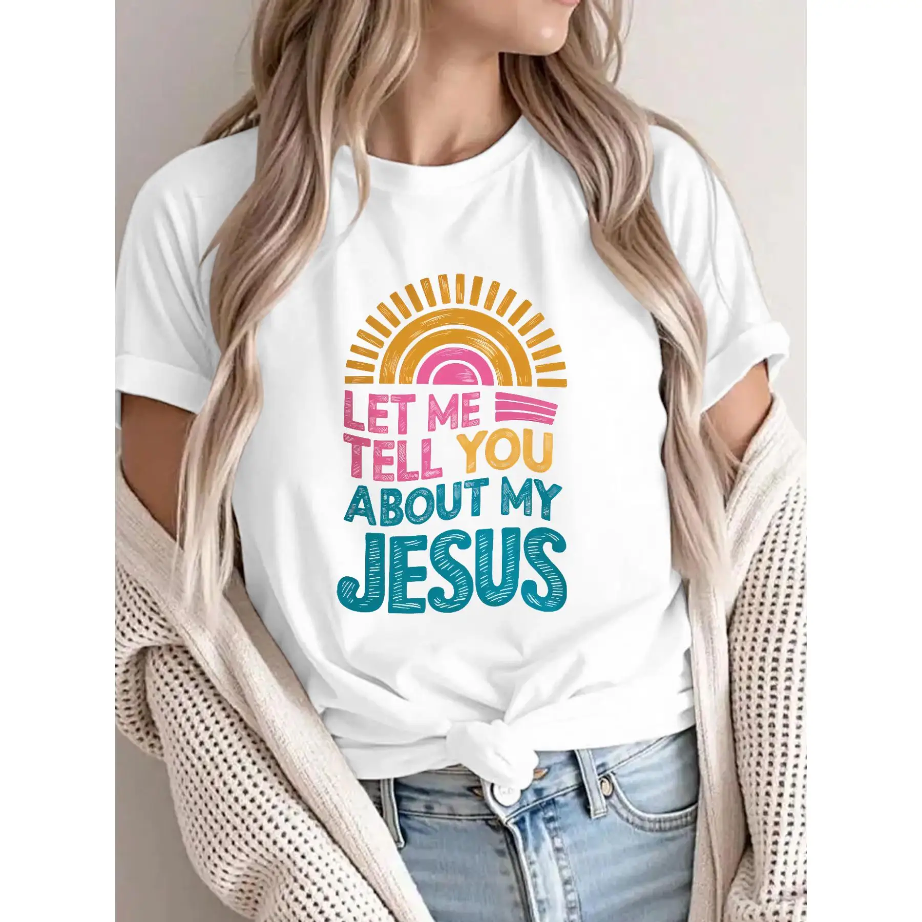

Evangelical T - Shirt with Inviting Message "LET ME TELL YOU ABOUT MY JESUS" and a Radiant Sun Design