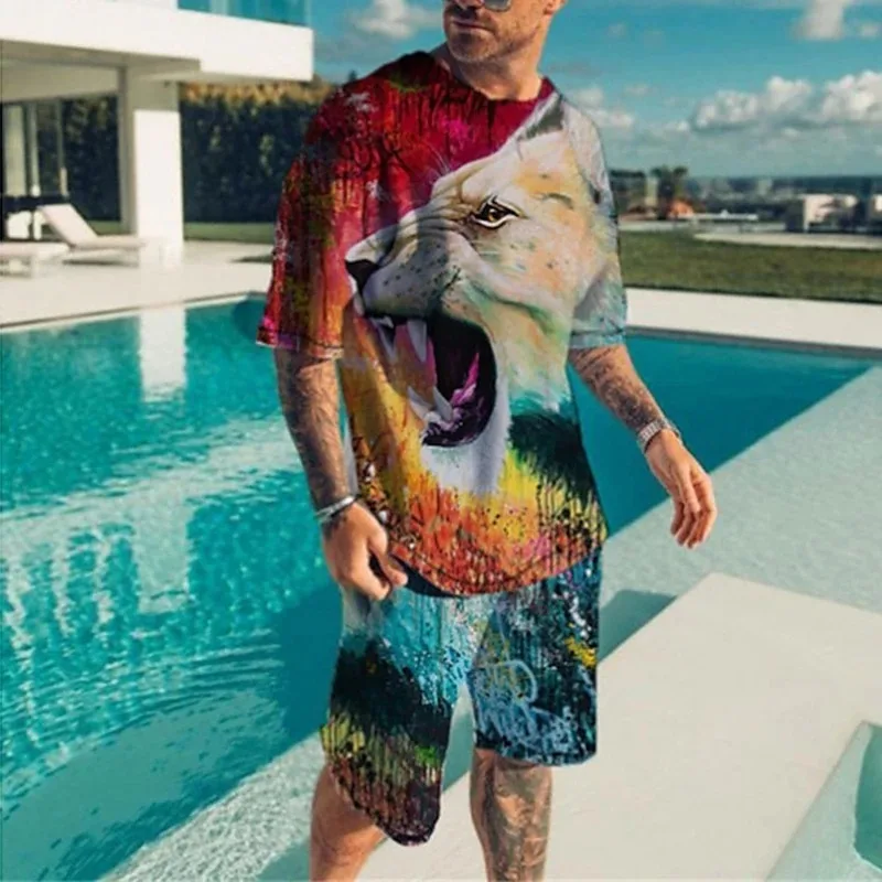 New 3D Tiger Print Breathable Shorts for Summer 2025 Casual Y2K Style Set Men's Plus Size Sportswear