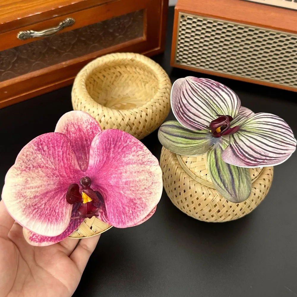 سعة كبيرة منظم مجوهرات الأوركيد تصميم الأوركيد زهرة شكل تخزين المجوهرات الخيزران نسج أقراط التخزين