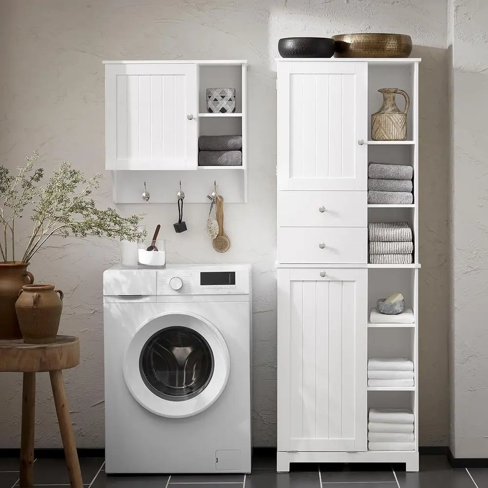 Out Laundry Hamper Cabinet, Tall, 23.6 x 14.6 x 67.3 in, White | Tall -Out Laundry Storage Cabinet With Detachable Basket, Laund