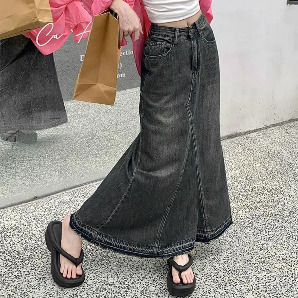 Women High-waisted Denim Skirt Vintage Denim Maxi Skirt with Retro Patchwork Design High Waist Button Closure Ankle-length Hem