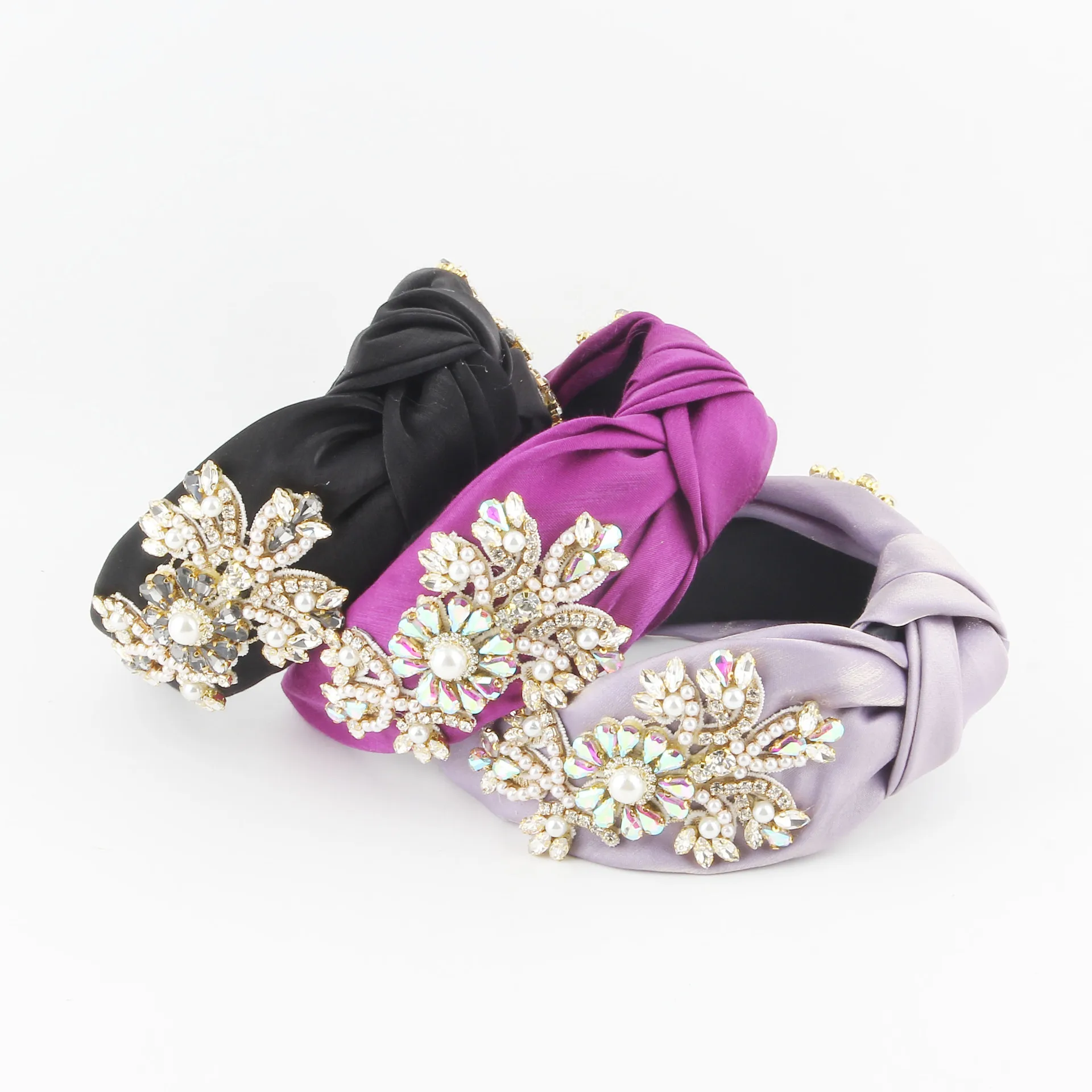 New fashion fabric headband women's wide edge knotted high cranial top hand-sewn rice beads versatile flower hair accessories