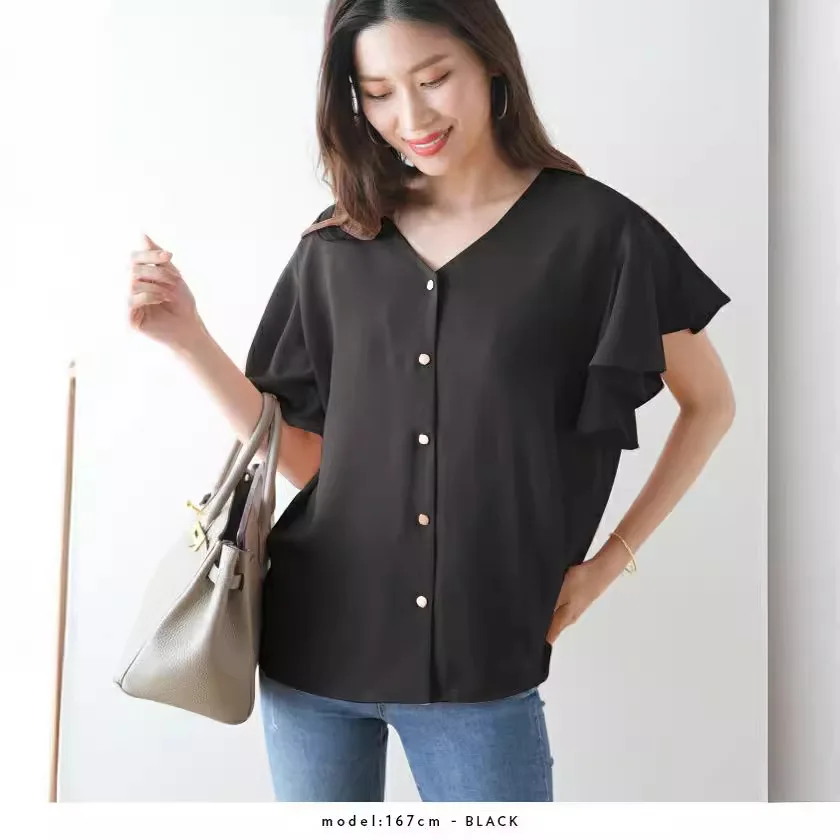 2025 Japanese Style Minimalist Blouse, Solid Color Short Sleeve Top with Flutter Trim for Women