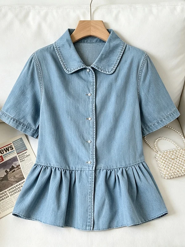 

plus Size Women's Fashionable Korean Style Shirt Summer 2026 Slimming Short Sleeve Turn-down Collar Skirt Design Top