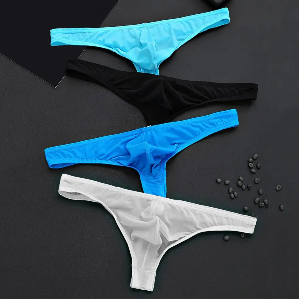 Sexy Men Thong Solid Color Low-rise U-Convex Briefs Elastic Waistband Slim Fit Solid Color Ice Silk Underwear For Daily Wear